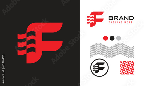 bold F letter logo using wave shape suitable for sports, food, coffee brands with logo variations and pattern for branding designs