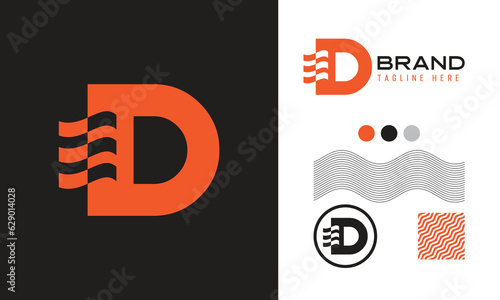 bold D letter logo using wave shape suitable for sports, food, coffee brands with logo variations and pattern for branding designs