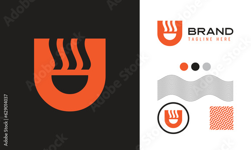 bold U letter logo using wave shape suitable for sports, food, coffee brands with logo variations and pattern for branding designs