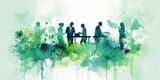 eco-consciousness with a green aquarell painted silhouette of business people in a meeting situation, surrounded by laptops, discussing strategy, management
