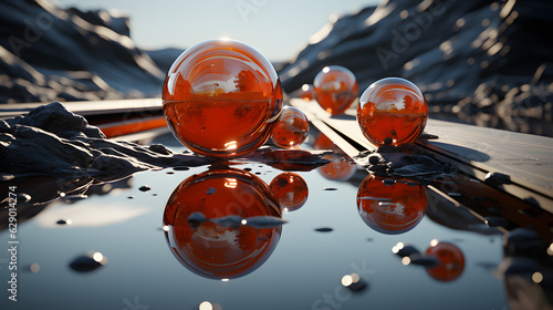 Orange and yellow, colorfull balls on top of some rock and water, background.