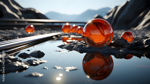 Orange and yellow, colorfull balls on top of some rock and water, background.