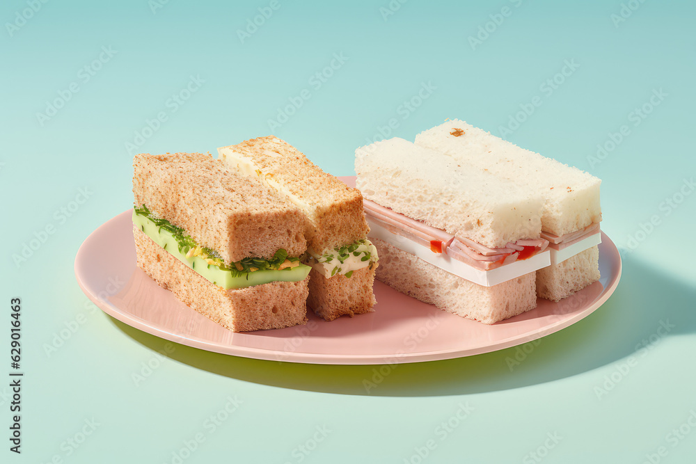 Different Japanese Afternoon Tea Sandwiches isolated on flat light pastel color background with copy space for text. Minimal style. Different Japanese Afternoon Tea Sandwiches isolated on flat light pastel color background with copy space for text. Minimal style.