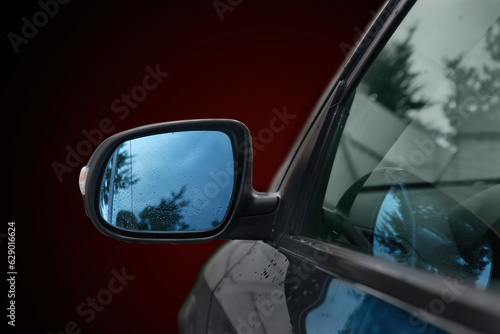 Left black wing mirror of modern car. Car side rear-view mirror with water drops.