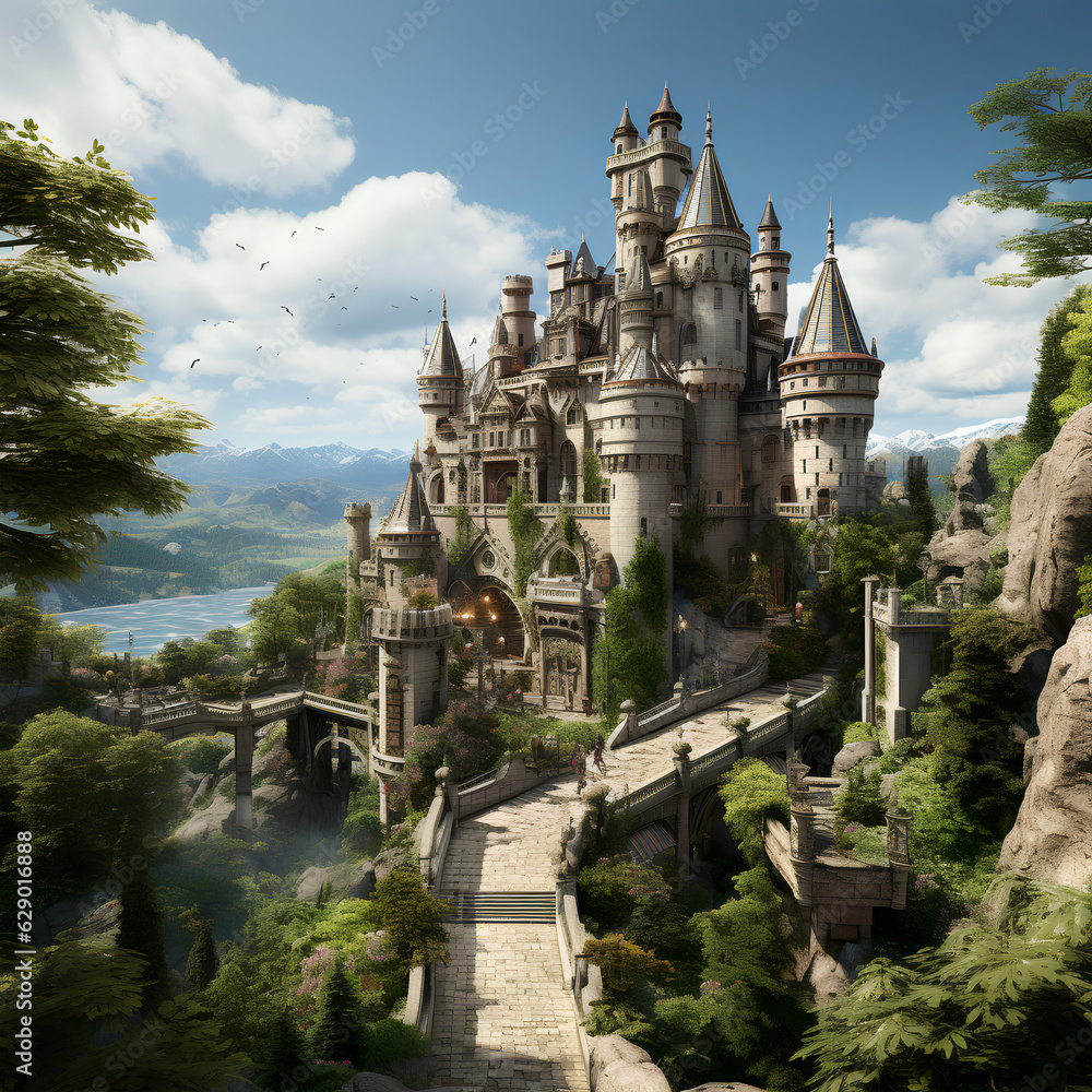Ancient castle in the high mountains, Created with generative artificial intelligence