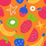 Tropical fruit print, bright bold background, banana, kiwi, strawberry, orange fruits and berries, abstract illustrations, vector tile, seamless pattern, simple trendy print
