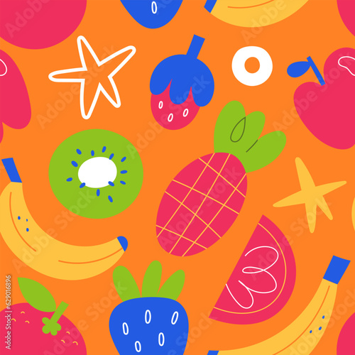 Tropical fruit print, bright bold background, banana, kiwi, strawberry, orange fruits and berries, abstract illustrations, vector tile, seamless pattern, simple trendy print