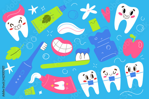 Dentistry for children, smiling tooth character, cute teeth with braces, toothpaste, brush and mouthwash illustrations, dental care, items for oral hygiene for kids, isolated cartoon clipart