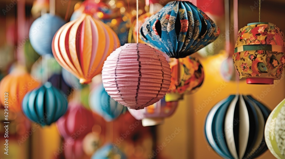 paper crafts associated with holidays and celebrations, such as paper lanterns, origami ornaments, or decorative banners, reflecting the joy and spirit of festive occasions