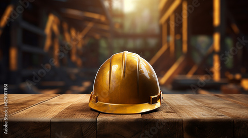 Hardhat on a wooden table on the background of a construction site. AI generated.