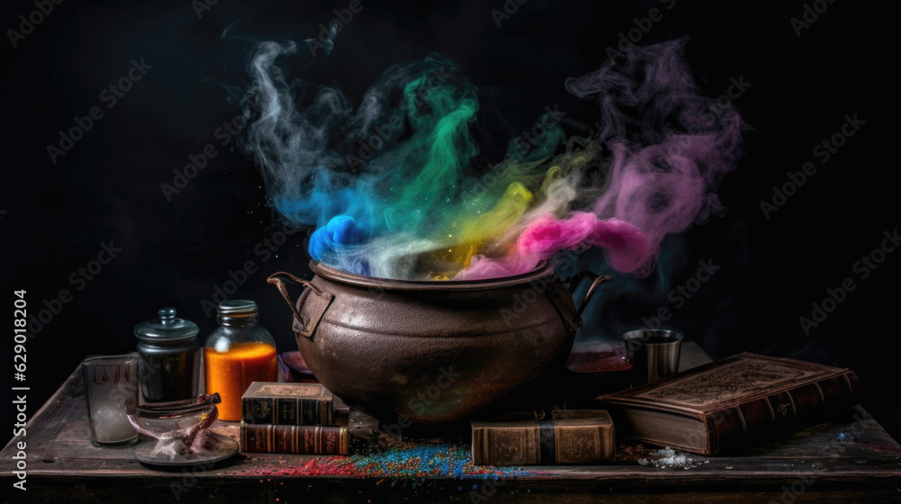 Witches Cauldron Brewing Potion with Colorful Steam Smoke - Halloween Theme - Generative AI