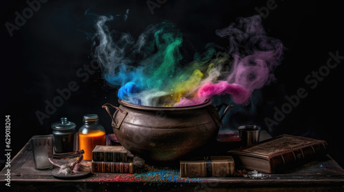 Obraz na płótnie Witches Cauldron Brewing Potion with Colorful Steam Smoke - Halloween Theme - Generative AI w salonie