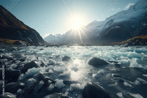Melting glaciers, floods, icebergs of the North Pole. Global warming of the weather climate. A common problem. Save and protect planet earth, importance and necessity, ecology.