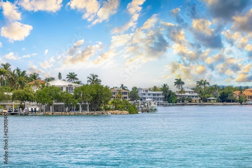 View of a residential neighborhood on Duck Key from the Overseas Highway looking across Toms Harbor Channel in the Florida Keys