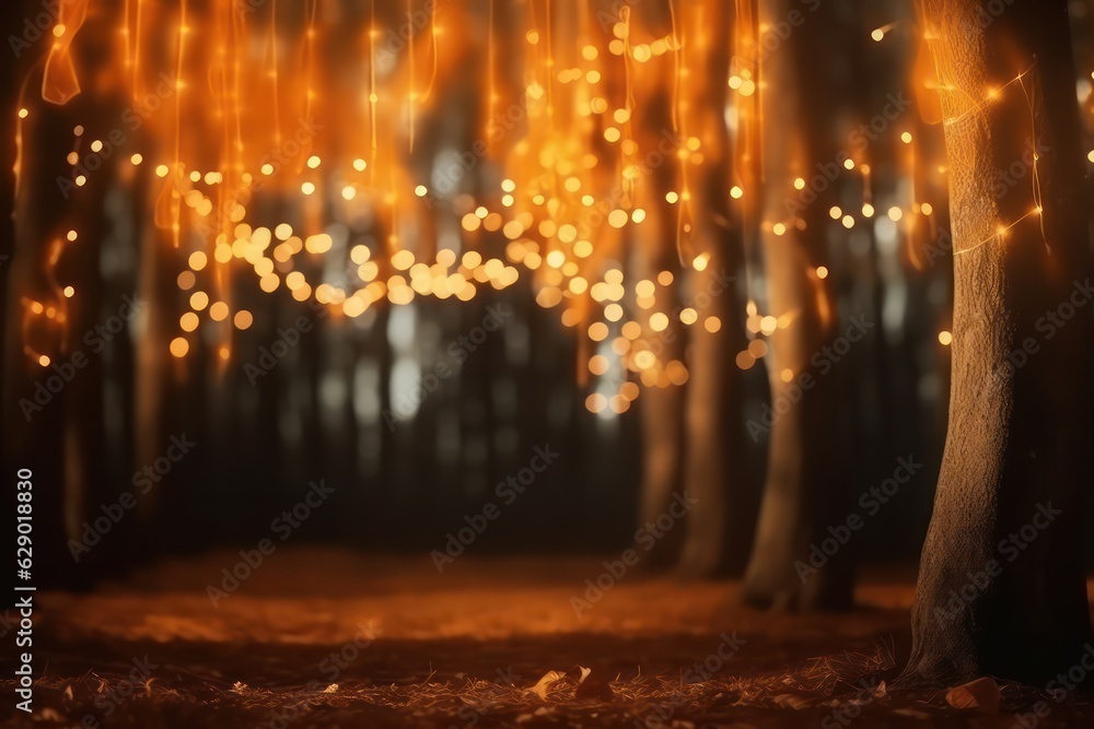 A magical background for Halloween with garlands with orange bokeh lights. Mystical night forest in all saints day. Copy space for text
