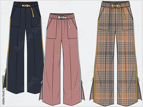 WIDE LEG SLOUCHY FIT BOTTOM WITH SIDE SLIT ZIPPER DETAIL PANTS TROUSER IN CHECKERED PLAID PATTERN DESIGNED FOR WOMEN AND TEENS WEAR IN EDITABLE FILE