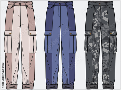 CUT AND SEW PANEL UTILITY CARGO POCKET DETAIL JOGGERS IN CAMOUFLAGE PATTERN DESIGN FOR WOMEN AND TEEN GIRLS IN EDITABLE  FILE