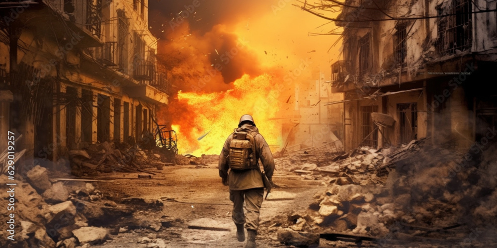 A lone  soldier walking through a ruined city of burning high-rise buildings.