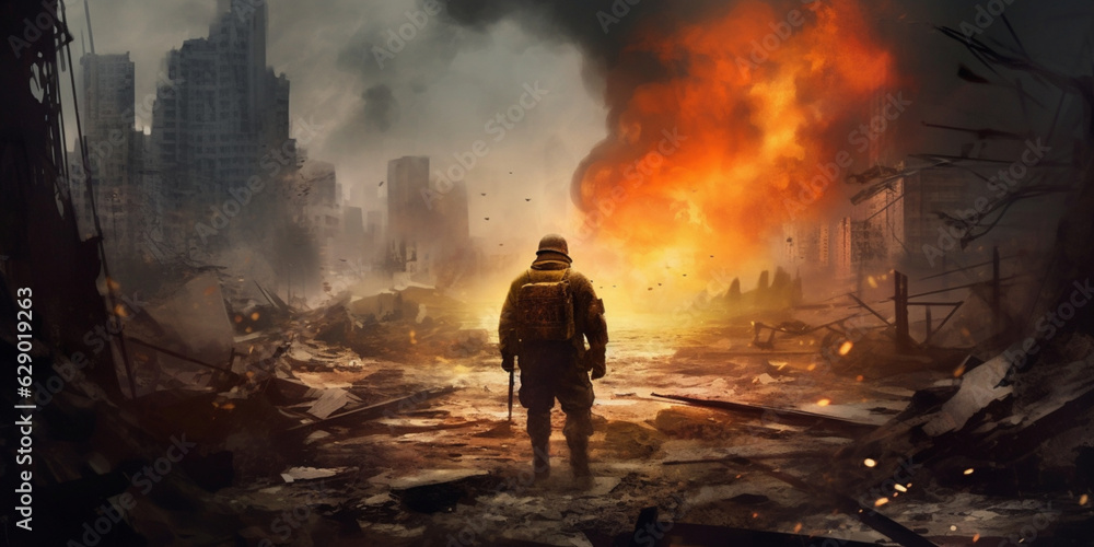 A lone  soldier walking through a ruined city of burning high-rise buildings.