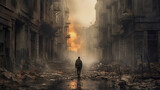 A lone soldier walking through a ruined city of burning high-rise buildings.