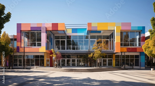 Modern colorful public building with green space, e.g. school or museum. Generative AI photo