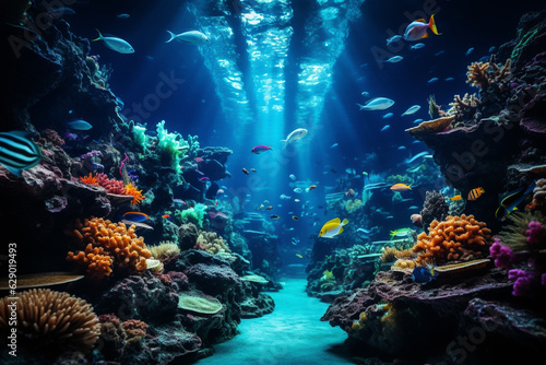 Underwater world with corals turtle fishes ocean inside. coral reef  blue tortoise  dept  lagoon aquatic world  coral formations animals marine life  aquatic creatures  water characters sea immensity 