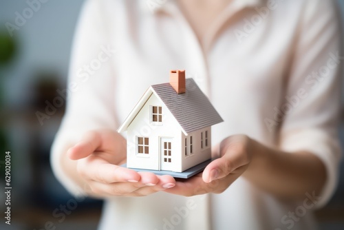 Building, mortgage, investment, real estate and property concept - close up of woman holding home or house model