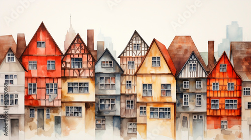Watercolor illustration of old houses in Strasbourg, Alsace, France.AI Generated