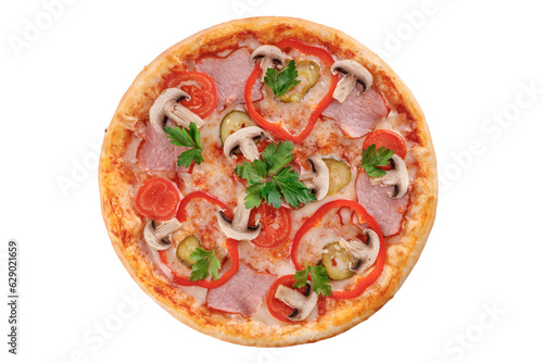 pizza with ham, mushrooms, tomato, mozzarella pickle on white background for food delivery site menu
