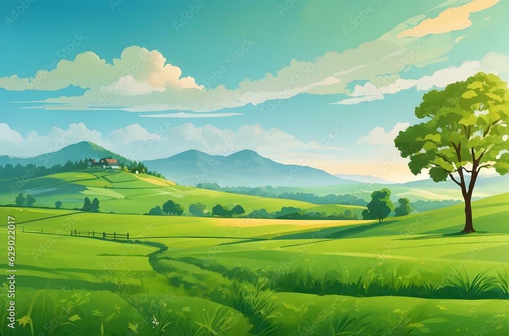 A green field with trees and mountains in the background Generative AI