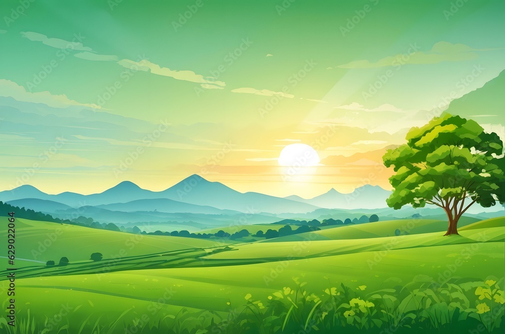 A green field with a tree and mountains in the background Generative AI
