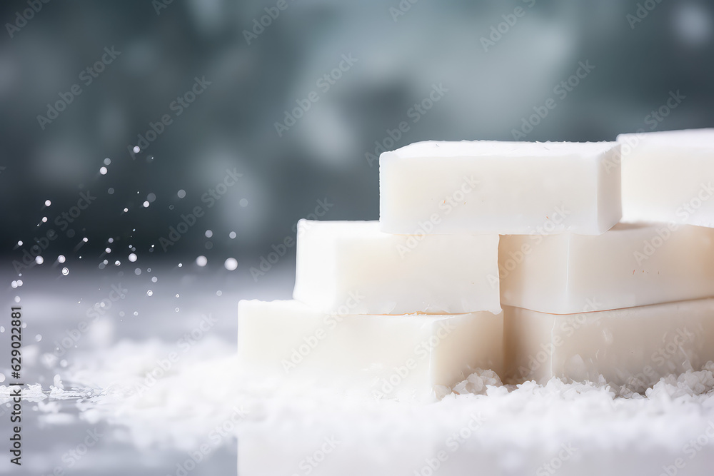 Lumps of white natural soap lay on the table. Banner template with copy space for text. Natural cosmetics, handmade soap, eco-friendly square bars of soap. Lumps of white natural soap lay on the table. Banner template with copy space for text. Natural cosmetics, handmade soap, eco-friendly square bars of soap.