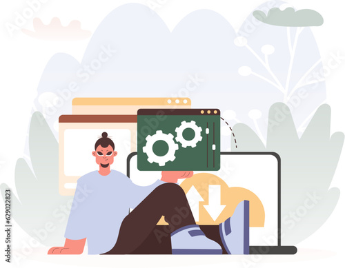 A Vector Chart of a man Holding a Browser Window with Gears and Torque, Idealize for Tech and Progress Concepts.