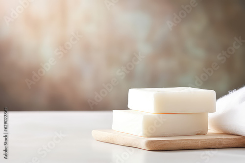 Lumps of white natural soap lay on the table. Banner template with copy space for text. Natural cosmetics, handmade soap, eco-friendly square bars of soap.