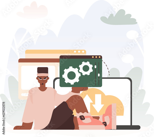 A Vector Chart of a man Holding a Browser Window with Gears and Torque, Idealize for Tech and Development Concepts.