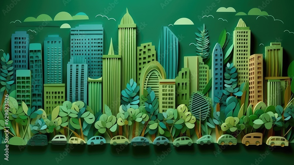 Paper quilling paper cut of green modern building in city