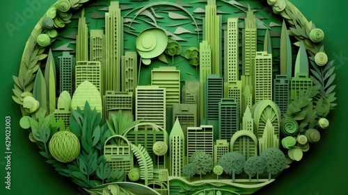 Paper quilling paper cut of green modern building in city © SUPHANSA
