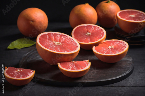 cut grapefruits lie on a black table, ai generator