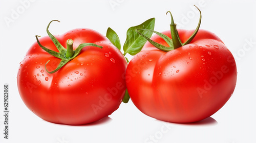 Juicy Red: Two Fresh Tomatoes with Glistening Water Drops on White Background - Generative AI