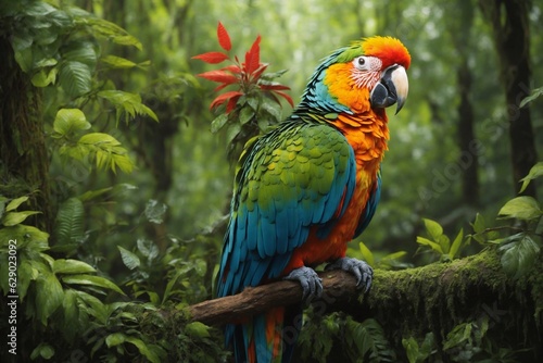 a parrot sits on a tree in the forest. ai generator