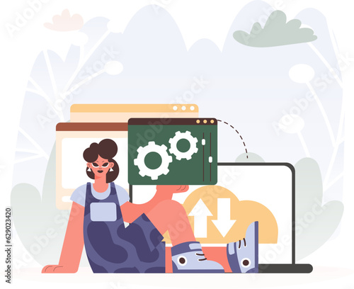 A Vector Chart of a Energized lady Holding a Browser Window with Gears and Torque, Idealize for Tech and Enhancement Concepts.