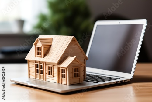 Business, finance, savings, property ladder or mortgage loan concept: Wood house model on computer laptop
