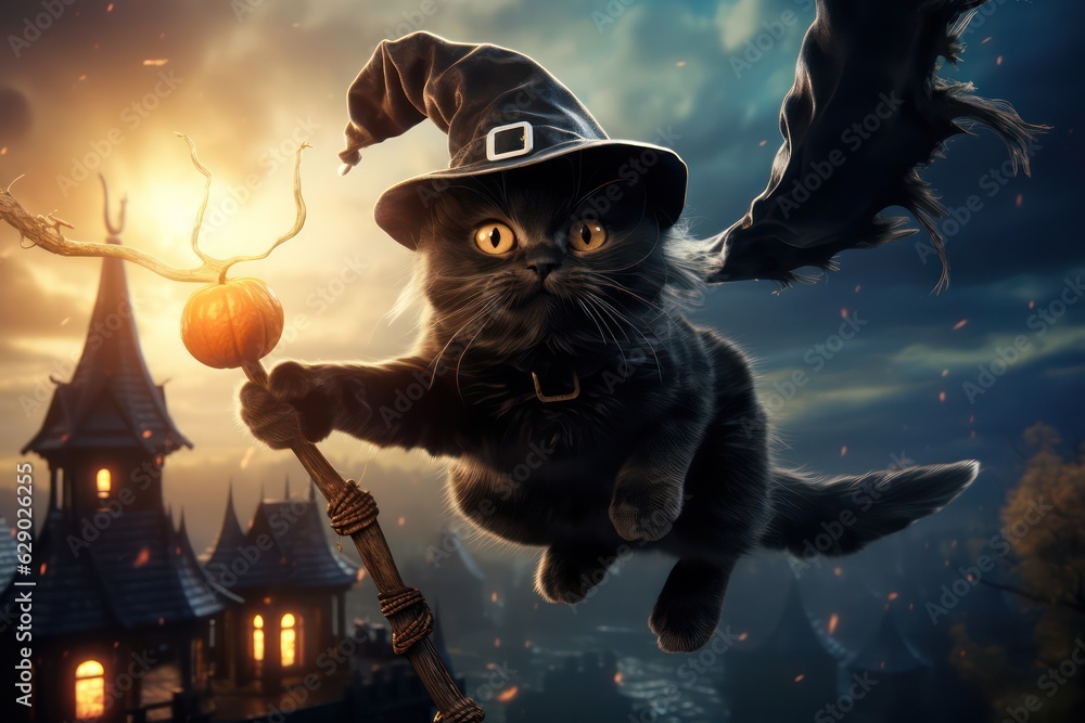 Cute black cat dressed as Halloween witch flying on broom in night sky ...