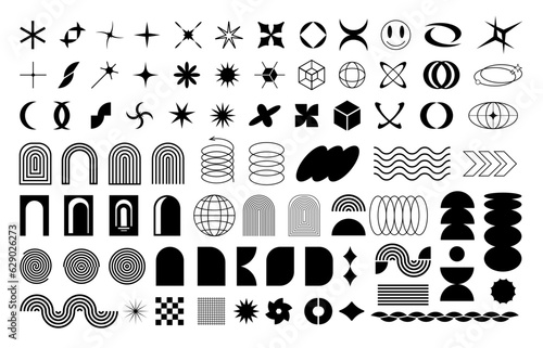 Brutalist abstract geometric shapes and grids. Brutal contemporary figure: star, oval, spiral, flower, primitive elements. Swiss minimal style design aesthetic. Bauhaus, memphis design.