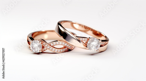 two gold wedding rings with diamonds on a white background. Generative Ai. 