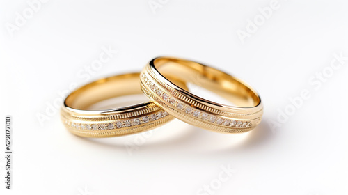 two wedding rings on a white background close-up. Generative Ai. 