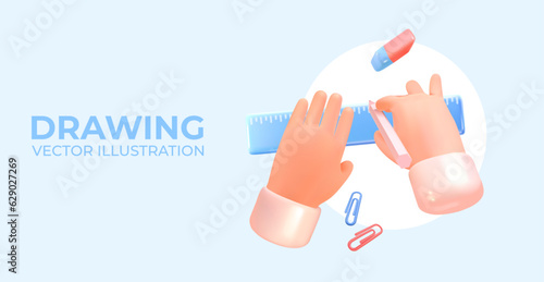 Drawing, hands draw a line with a pencil on a ruler. Creativity and creativity. In 3d style. Vector illustration