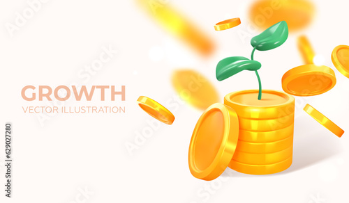 Coins with sprout. Income growth. In 3d style. Growth hacking. Vector illustration.