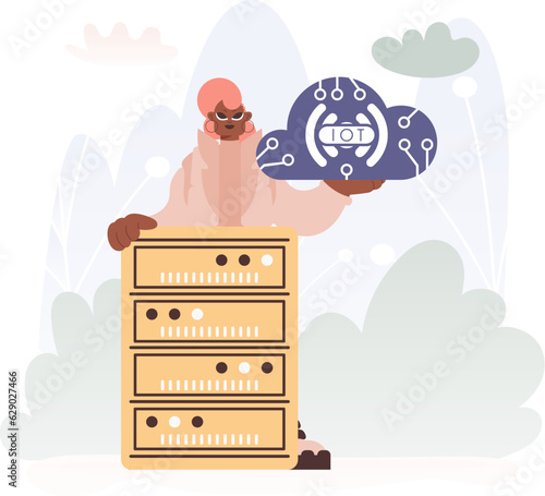 Young lady Grasping the IoT Symbol In the midst of a Organize of Servers, Symbolizing the Interconnectivity and Mechanical Headways of Advanced Times.