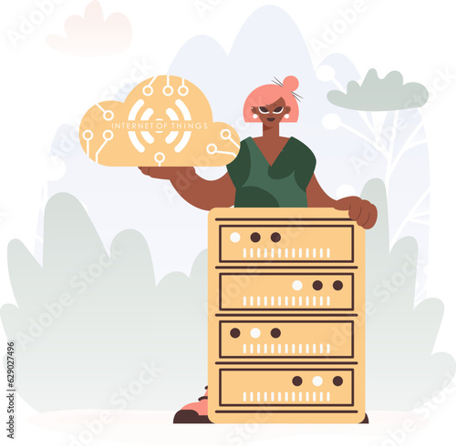 Youthful woman Getting a handle on the IoT Image Within the middle of a Organize of Servers, Symbolizing the Interconnectivity and Mechanical Headways of Progressed Times.